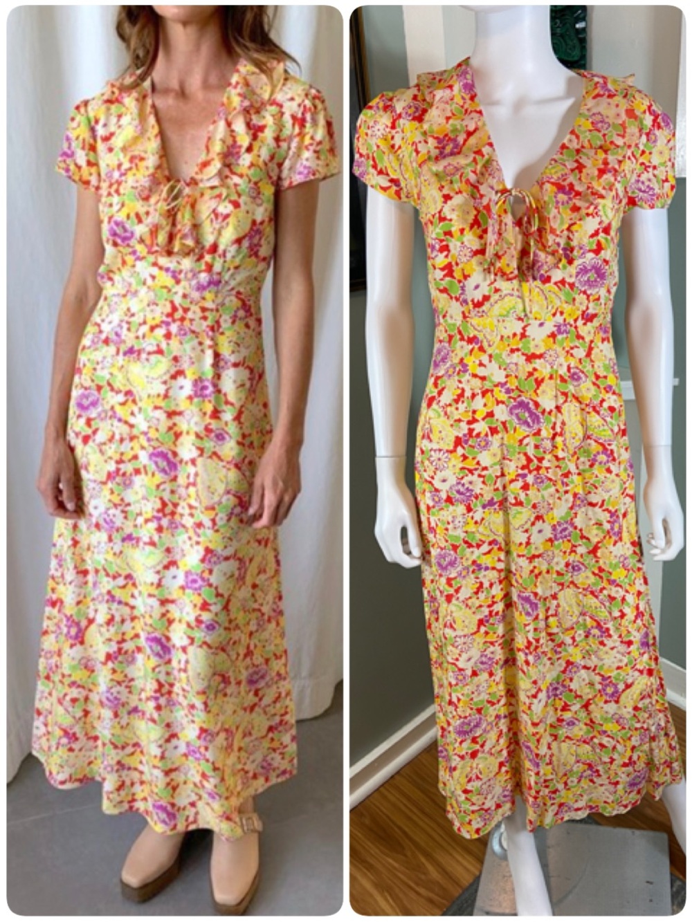 RIXO Jenna Red Summer Meadow Yellow Floral Maxi/Midi Dress Ruffle Sz 2